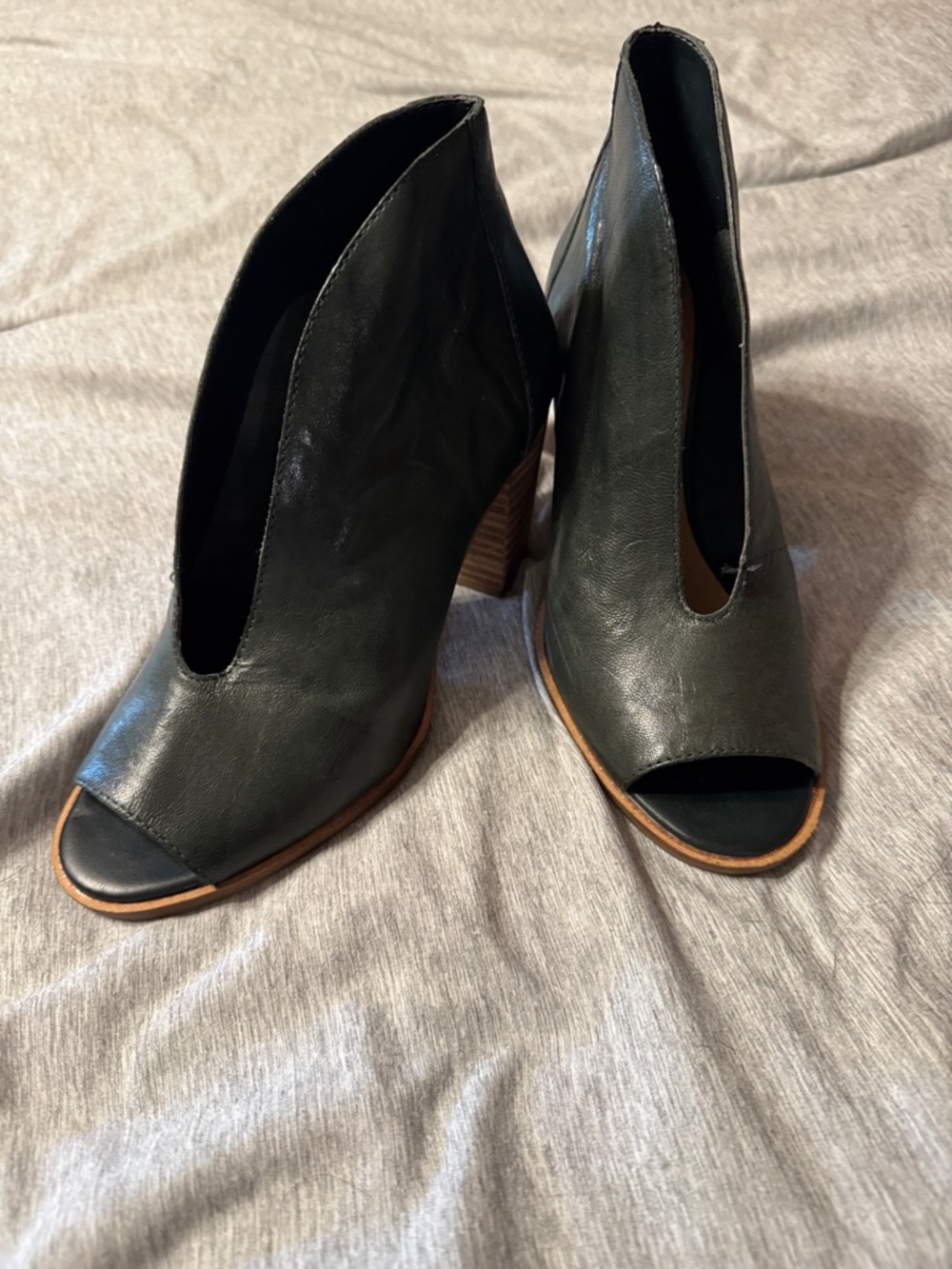 Lucky Brand Dark Green Leather Peep-Toe Heeled Booties
